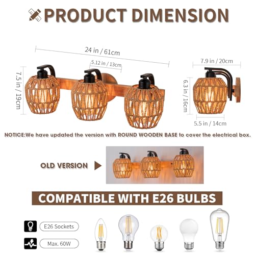 3-Light Rattan Vanity Light Fixtures,Bathroom Lighting Fixtures Over Mirror,Rustic Rattan Lampshade Wood Wall Light Boho Vanity Light Farmhouse Wall Sconces for Kitchen Stairs Bedroom - color: Drum shade