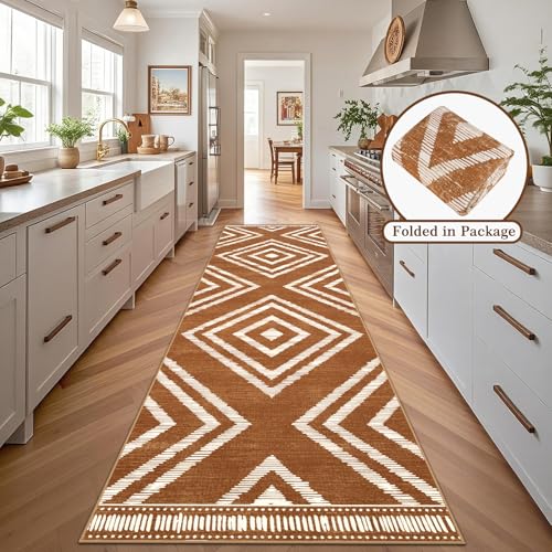 Boho Runner Rugs for Hallway 2.6x12ft Non Slip, Long Brown Washable Farmhouse Kitchen Rug Runners Non Shedding, Moroccan Floor Carpets for Doorway Entryway Living Room Home Decor - color: Brown, size: 2'8" x 12' (Rectangular)