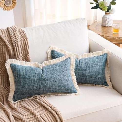 Farmhouse Lumbar Throw Pillow Covers 12x20 Pillow Cover Linen Fringe Blue Decorative Pillows Case Boho Accent Pillowcase for Sofa Couch Patio Bed Living Room Set of 2 - color: Blue, size: 20" x 12" (Pack of 2)