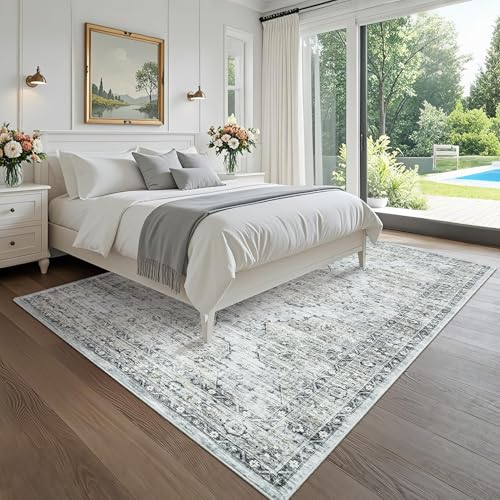 COZYLOOM Blue-Brown Vintage Washable Rug for Living Room 5x7 Non-Slip Retro Floral Throw Rug, Low Pile Stain Resistant Distressed Carpet, Indoor Foldable Floor Mats for Dining Room Bathroom Kitchen - color: Boho|blue&brown, size: 5' x 7' (Rectangular)
