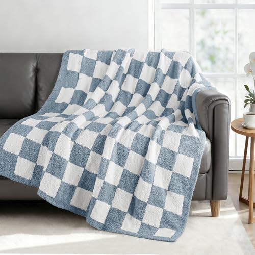 Exclusivo Mezcla Checkered Knit Throw Blanket, Ultra Soft and Warm Reversible Woven Blankets, Cozy Snuggly Throw for Couch Bed and Home Decor, Stone Blue, 50"x60" - color: Stone Blue, size: Throw (50"x60")