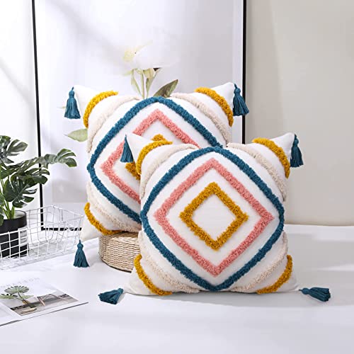 JASEN Throw Pillow Covers 20x20, Boho Pillow Cover with Tassels Woven Tufted Decorative Pillow Cover for Couch Sofa Bedroom Living Room (Blue, 20"x20") - color: Blue, size: 20" x 20" (Pack of 1)
