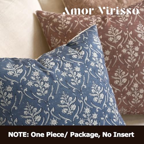 Amor Virisso Floral Pillow Covers 18x18 Inch Farmhouse Block Print Pillow Cover Accent Square Neutral Modern Decorative Throw Pillow Covers for Living Room Couch Bed Sofa Chair, Dusty Blue - color: Dusty Blue, size: 18" x 18" (Pack of 1)