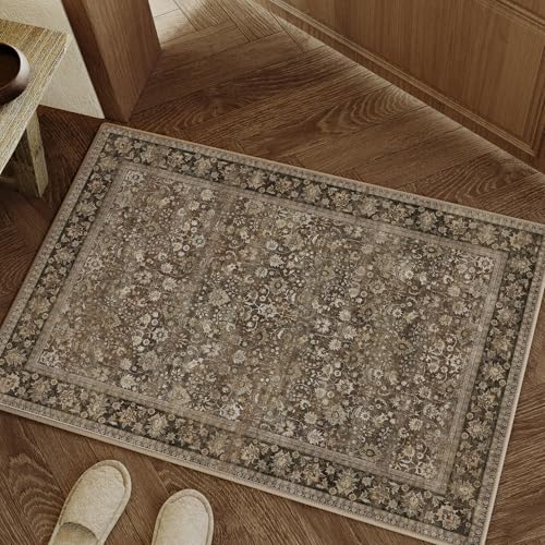 HUGEAR 2x3 Small Rug Machine Washable Area Rug Brown Entryway Rugs Entrance Door Mat Indoor Accent Rugs Floral Low Pile Carpet Distressed Throw Rug Kitchen Bedroom Office Non Slip - color: Floral | Brown, size: 2' x 3' (Rectangular)