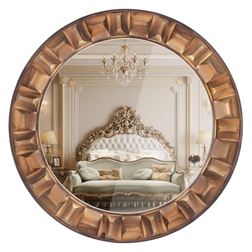 36 Inch Large Round Solid Wood Wall Mirror - Rustic Farmhouse Dark Brown Wooden Circle Mirror for Bathroom, Living Room, Entryway & Wall Decor - color: A1 - Round - 36x36 in