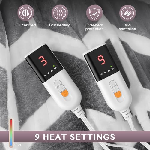 VENTIMI Electric Blanket Queen, 84" x 90" Heated Blanket with 9 Heat Levels & 2-4-8-10 Hours Auto Off, Fast Heating Blanket with ETL & FCC Certification, Grey - color: Grey, size: Queen