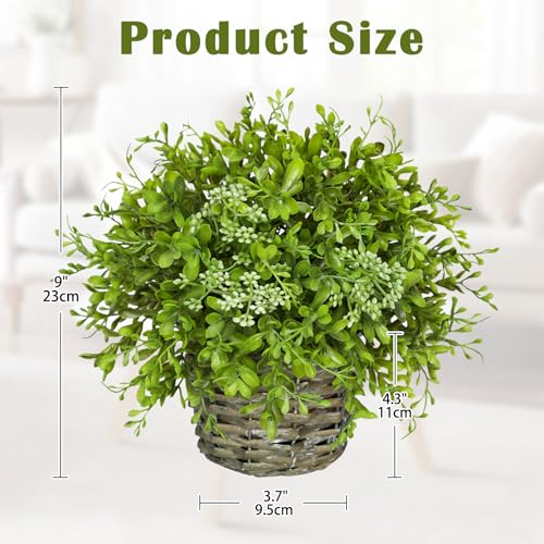 Hollyone Artificial Boxwood Plant in Woven Pot 9” Fake Potted Plants Topiary Boxwood Greenery Arrangement Centerpiece Faux Plants for Home Indoor Outdoor Farmhouse Office Desk Centerpiece Shelf Decor