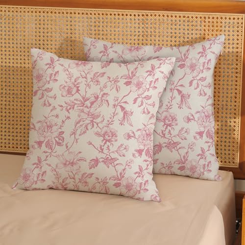 Pink Vintage Floral Pillow Covers 16x16 Inch 2 Pcs Preppy Pink Cream Rustic Toile Chinoiserie Flower Decor Throw Pillows Outdoor Decoration Pillowcase Linen Cushion Cover for Couch Sofa Bed - color: Pink Floral, size: 16" x 16" (Pack of 2)
