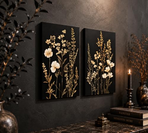 2Psc Dark Botanical Wall Art Vintage Black Flower Painting Picture Wall Decor Moody Flower Poster Print Artwork for Living Room Bedroom or Office Home Decoration 12x16 Inch - color: Retro Flowers 7, size: 16"L x 12"W