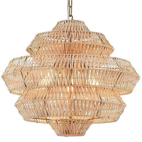 22” Hand Woven Rattan Chandelier 5 Round Adjustable Boho Pendant Light Farmhouse Large Brass Pendant Lighting Fixtures for Dining Room Kitchen Island Living Room, UL Listed