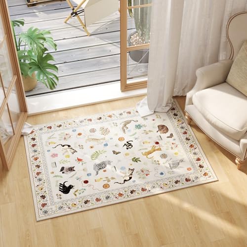 Rugcomf Door Mat Indoor Entrance 2x3 Rug Machine Washable Boho Floral Animal Cat Small Area Rug Non-Slip Low Pile Throw Rugs for Entryway Kitchen Front Door Indoor Entrance Entry Kids Room, Beige - color: Beige/Cat, size: 2' x 3' (Rectangular)