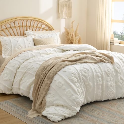 Bedsure Boho Duvet Cover Queen Size - Tufted Boho Bedding, Farmhouse-Style Distressed Vintage Embroidery Bedding for All Seasons, 3 Pieces, 1 Soft Jacquard Queen Comforter Cover and 2 Pillow Shams - color: 09 - White Tufted (No Comforter), size: Queen (90