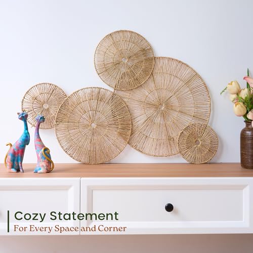 CHI AN HOME 18 Inch Boho Wall Decor – Set of 5 Woven Jute Wall Baskets, Boho Wall Art & Decorative Basket Set, Farmhouse Wall Hanging, Handwoven Wall Plates for Living Room, Bedroom – 18", 14", 11", 8", 7" - size: Set of 5 - Large