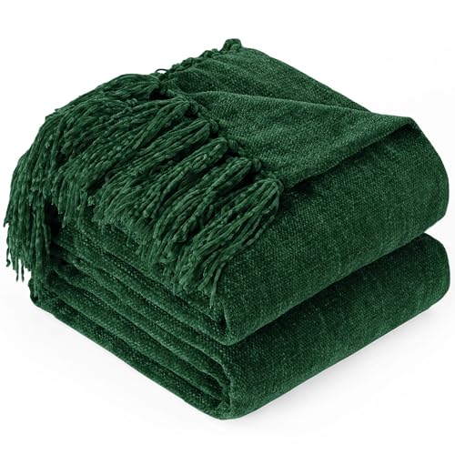 Chenille Throw Blanket for Couch with Tassels,60"X80" Soft Cozy Lightweight Knitted Boho Decorative Blankets for Bed and Sofa,Dark Green - color: Dark Green, size: 60"x80"