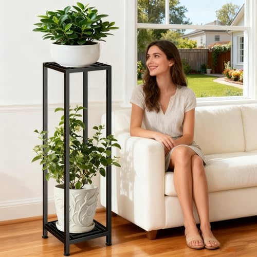 LUBORN Plant Stand Indoor Outdoor, 41'' Tall Wrought Iron Plant Stands, 2 Tier Heavy Duty Metal Pedestal Stand Decorative Flower Stand for Patio Garden Deck Living Room - size: 41''