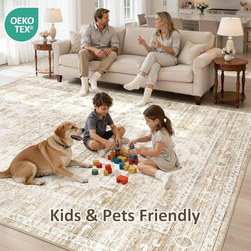 Washable Area Rugs 3x5, Soft Large 3x5 Rugs for Living Room Non-Slip Vintage Beige Indoor Carpet Stain Resistant Rugs for Dining Room Bedroom Nursery Kid & Pet Friendly - color: Beige, size: 3' x 5' (Rectangular)