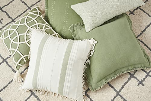 carol & frank Lily Sage Geometric Accent Throw Pillow w/White Tassel Fringe 18" x 18" All Seasons Springtime Spring Home Living Room Sofa Couch Chair Bed Bedroom Premium Luxury Decor Decoration 18" x
