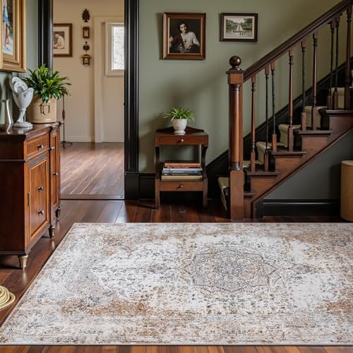 jinchan Area Rug 5x7 Washable Living Room Rug Vintage Traditional Distressed Lightweight Thin Retro Indoor Floor Cover Non Slip Floral Carpet for Bedroom Dining Room Bathroom Kitchen Office Taupe - color: Vintage Taupe, size: 5' x 7' (Rectangular)