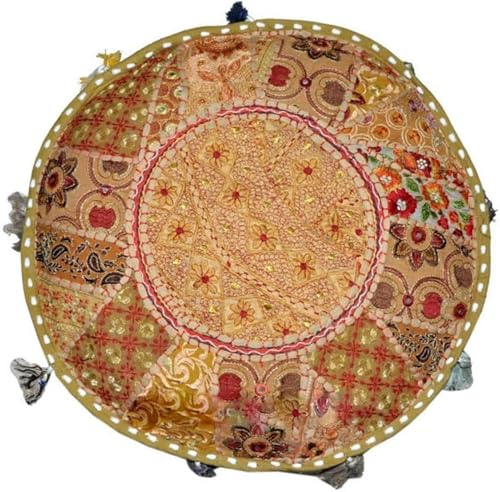 Indian Pouf Footstool Ethnic Embroidered Pouf Cover, India Cotton Round Pouffe Ottoman Pouf Cover Pillow Ethnic Decor Art-Cover Only-Indian Ottoman poufs - color: Beige, size: 22"D x 22"W x 14"H