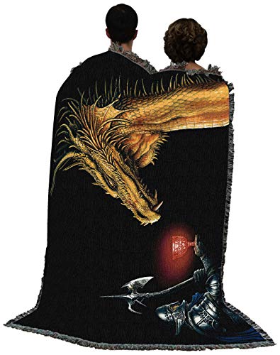 Pure Country Weavers Gold Dragon with Knight Blanket by Ciruelo - Gift Fantasy Tapestry Throw Woven from Cotton - Made in the USA (72x54) - color: Gold Dragon