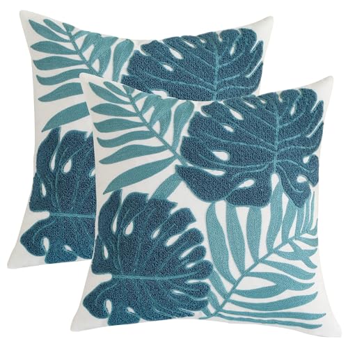 Embroidered Throw Pillow Covers 18x18 Pack of 2 Blue Botanical Tropical Leaf Pillow Covers Beach Ocean-Themed Decorative Cushions Case Farmhouse Boho Plant Tufted Pillowcases for Summer - color: Blue Tropical Leaf, size: 18" x 18" (Pack of 2)