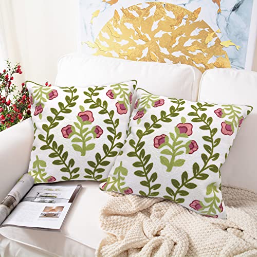 Alysheer Floral Embroidered Summer Decorative Throw Pillow Covers 18"x 18" Set of 2, Farmhouse Cottage Pink Flowers Green Leaves Knit Pattern Cotton Canvas Cushion Case for Sofa Couch Bed Living Room - color: Pink, size: 18" x 18" (Pack of 2)