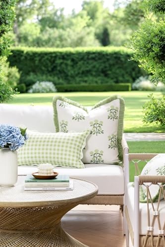 Hofdeco Premium Grandmillennial Coastal Hampton Patio Indoor Outdoor Throw Pillow Cover Only, 20"x20" Water Repellent for Backyard, Couch, Poolside, Grass Green Print Hydrangea Flowers - color: Grass Green Hydrangea Flowers 20"x20"
