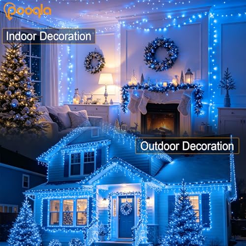 Pooqla 200 LED String Lights Indoor Outdoor, 66 ft Blue Christmas Lights Plug in with Timer, Connectable 8 Modes Waterproof Clear Wire Twinkle Fairy Lights for Halloween Xmas Tree Yard Decor - color: Blue, size: 200LED