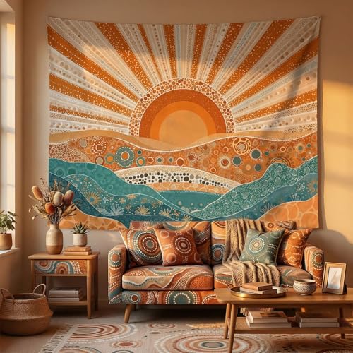 Kanuyee Boho Desert Sunrise Wall Tapestry, Abstract Pointillism Landscape Art Tapestries for Room Decor, Modern Sahara Tapestry 80"x60" - color: Ochre, size: 80"L x 60"W