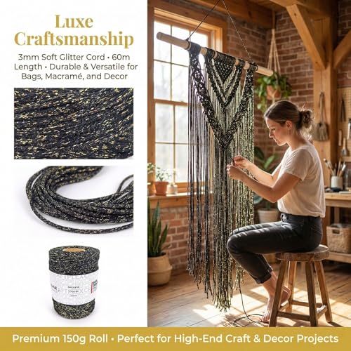 3mm Sparkle Polyester Macramé Cord - 150g/66yds Metallic Glitter Braided Cord for Crocheting Bags, Baskets, Macramé Plant Hangers & DIY Crafts, Machine Washable (17#Black Gold) - color: 17#black Gold