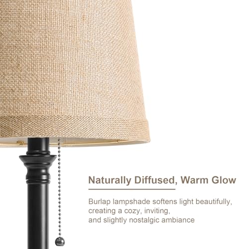 Oneach 19.5" Small Table Lamp with USB A+C Charging Ports, Black Modern Rustic Bedside Lamp with Natural Shade, Black Metal Pull Chain Desk Lamps for Living Room, Bedroom, Nightstand - color: Black USB-1Pack