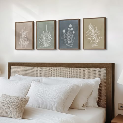 Framed Boho Botanical Wall Art for Living Room, 4 Piece Rustic Floral Canvas Painting Prints, Vintage Minimalist Neutral Flower Artwork for Modern Farmhouse Bedroom Dining Room Office Wall Decor - color: Simple - Walnut Framed, size: 12" W x 16" H x 4pcs