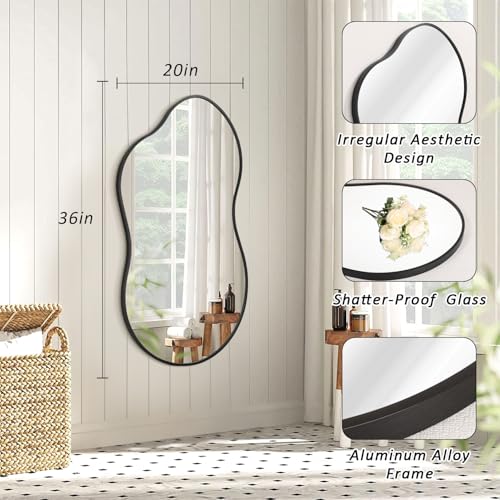 JJUUYOU Irregular Wall Mirror Black Metal Framed Decorative Asymmetrical Bathroom Mirrors Large 20"x36" for Living Room Bedroom Entryway Hanging Home Decor - color: Black, size: 36"L x 20"W