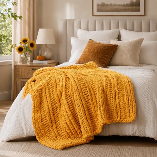 Battilo Cozy Mustard Throw Blanket 50" x 60" | Hand Knitted Chunky Knit Throw Blanket, Soft Jumbo Chenille for Couch Sofa Bed - color: Mustard