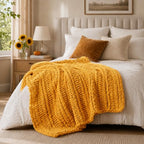 Battilo Cozy Mustard Throw Blanket 50" x 60" | Hand Knitted Chunky Knit Throw Blanket, Soft Jumbo Chenille for Couch Sofa Bed - color: Mustard