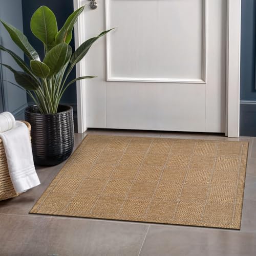 Beverly Rug Easy Jute Checkered Squared Entry Rug 2x3 Washable Durable Indoor Outdoor Area Rugs for Living Room Patio Office Stain Resistant Non Shedding Casual Indoor Outside Carpet 2 x 3 Natural - color: Squared/Natural, size: 2' x 3' (Rectangular)