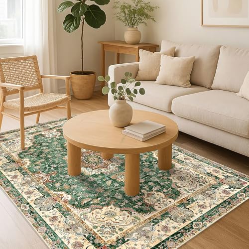 Green Rug 4'x6.5',Washable Area Rugs for Bedroom Living Room Kitchen Entryway Bedside,Small Boho Vintage Bohemian Distressed Oriental Non Slip Carpet,Retro Sage Floral - color: Green, size: 4'x6.5'