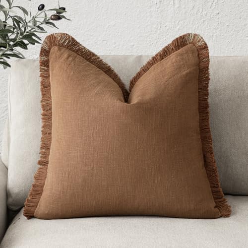 Foindtower Decorative Linen Fringe Throw Pillow Covers Cozy Boho Farmhouse Cushion Cover with Tassels Soft Accent Pillowcase for Chair Sofa Bed Living Room Home Decor, 16×16 Inch, 1PC,Orange Brown - color: Hazel, size: 16" x 16" (Pack of 1)