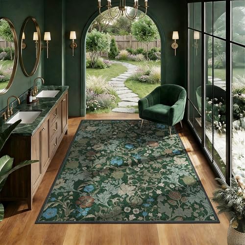 Forest Green Floral Area Rug 3x5 for Entryway, Washable Vintage Farmhouse Botanical Rug, Non Slip Low Pile Thin Floor Decor Soft Accent Rug for Front Door Kitchen Playroom Bedroom - color: Green, size: 3'x5'