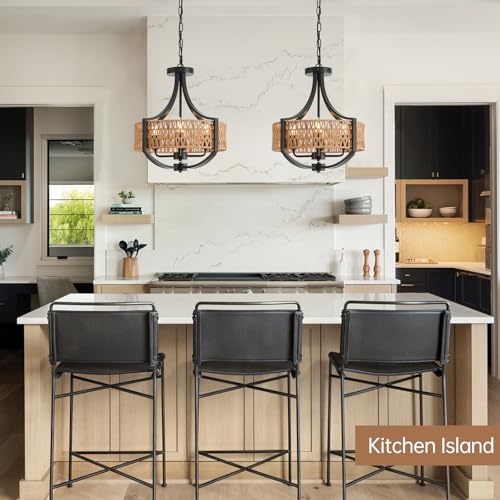 Rattan Modern Farmhouse Chandelier Small, 16.5" 4 Lights Boho Pendant Light with Hand Woven Wicker Shade, 4-Light Rustic Interior Ceiling Light Fixture for Foyer Hallway Entryway Kitchen Island - color: V-Weave Round Rattan, size: Small 4 light 16.5 inche