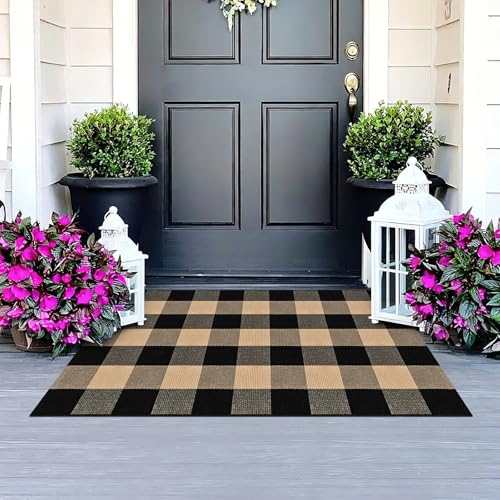 Plaid Outdoor Rug 2.3 X 3.6 Ft Buffalo Check Rug Brown and Black Checkered Mat Washable Plaid Rug Cotton Buffalo Plaid Rugs for Entryway Farmhouse Patio Bedroom - color: Brown and Black, size: 2.3‘×3.6’