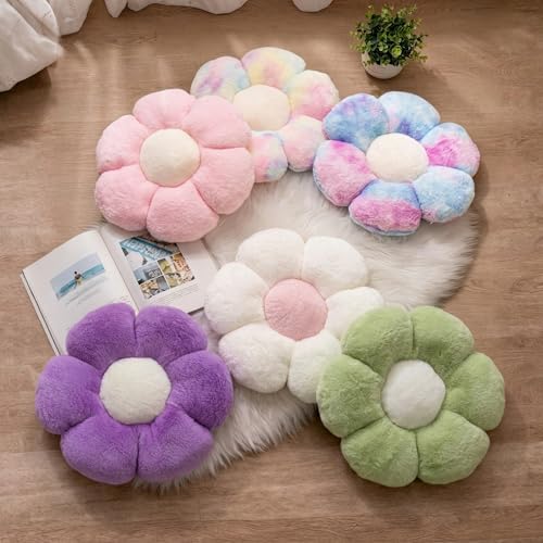 2 Pcs Flower Floor Pillow, Daisy Flower Shaped Pillows Set, Cute Green Decorative Throw Pillows Floor Cushions for Girls Bedroom Bed Couch Preppy Room Decor (White & Green, 15 INCH) - color: White & Green