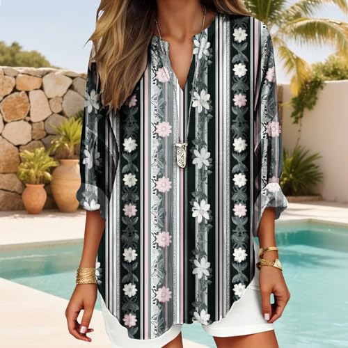 Women's 3/4 Sleeves V Neck Blouses Southwestern Tribal Stripe Serape Colorful Print Plus Size Resort Casual Outfit - color: Black White, size: 3X-Large