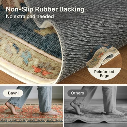 Bavni 2x5 Washable Runner Rug Non Slip, Vintage Distressed Accent Hallway Runner, Low Pile Coral Red Blue Carpet Stain Resistant, Kitchen Runner Floral Rugs for Entryway, Bedroom, Laundry, Nursery - color: Coral Blue, size: 2' x 5' (Rectangular)