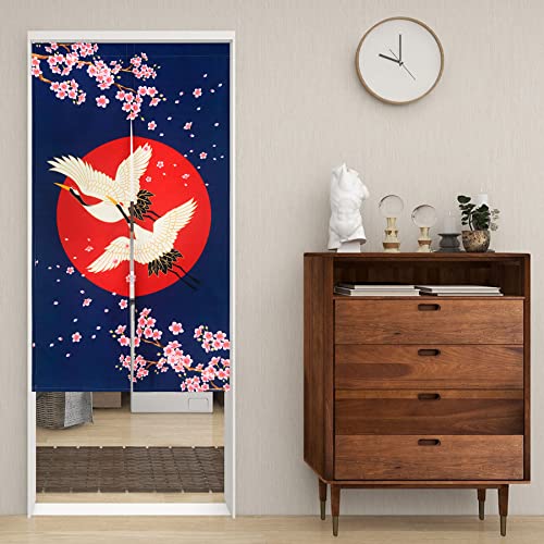 LIGICKY Noren Doorway Curtain Japanese Style White Cranes Red Sun Cherryblossom Printed Cotton Linen Window Treatment Door Tapestry for Home Decoration 33.5" Width x 59" Long - color: Navy Blue, size: 33.5"W x 59"L (Pack of 1)