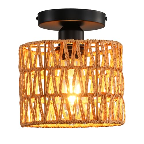 Ceiling Light Fixture,Hand-Woven Rattan Flush Mount Ceiling Light,Farmhouse Light Fixtures Ceiling Mount Boho for Hallway Bedroom Kitchen Entryway Living Room - color: 1 Pack Brown