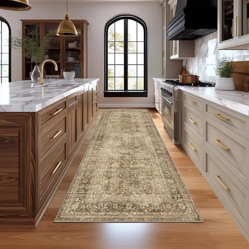 Fmfunctex 3x7 Runner Rug Brown Washable Vintage Neutral Distressed Non Slip Low Pile Indoor Carpet Soft Retro Floral Hallway Entryway Rug for Kitchen Living Room Bedroom Bathroom Laundry Entry Bedside - color: Brown, size: 3' x 7' (Rectangular)