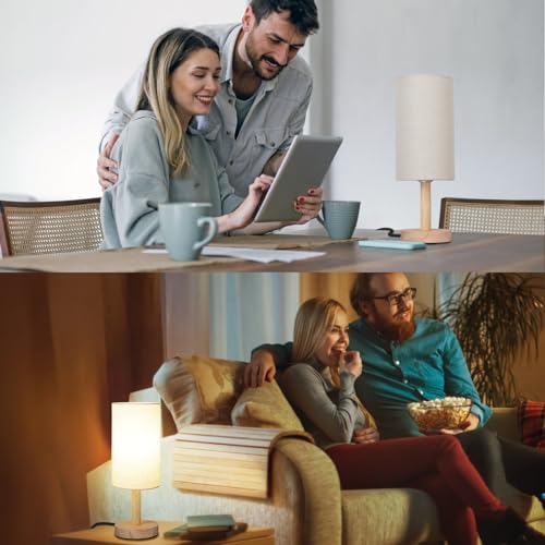 LALISU Small Table Lamp for Bedroom, Nightstand Lamp Linen Lampshade Bedroom Wood Base Small Bedside Lamp for Night Stands, Desk Lamps for Reading Living Room, Office (LED Bulb Included) (Wood Base) - color: Beige Shade+Wood Base