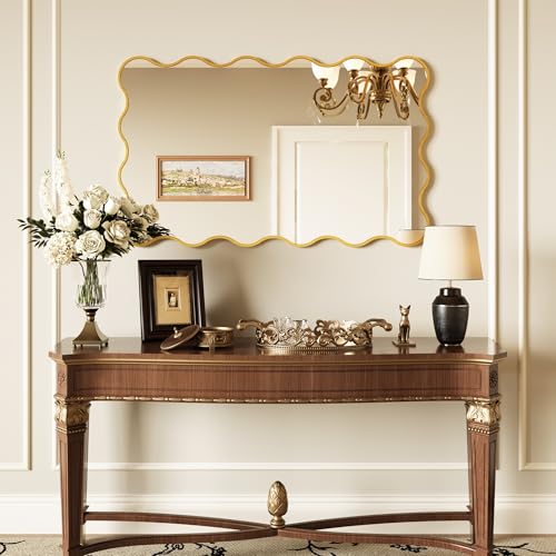 Kelly Miller 30x48 Inch Gold Scalloped Mirror, Large Rectangular Wavy Edge Bathroom Vanity Wall Mirror Decorative for Bedroom Living Room Entryway Fireplace Mantle - size: 48"L x 29.2"W