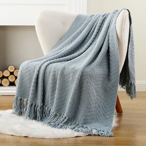 BATTILO HOME Bluish Grey Chenille Throw Blanket for Couch, Knit Throw Blanket,Super Soft Warm Home Decor Throw Blanket with Tassels for Bed,Sofa and Living Room,60" x 80" - color: Bluish Grey, size: 60"x80"